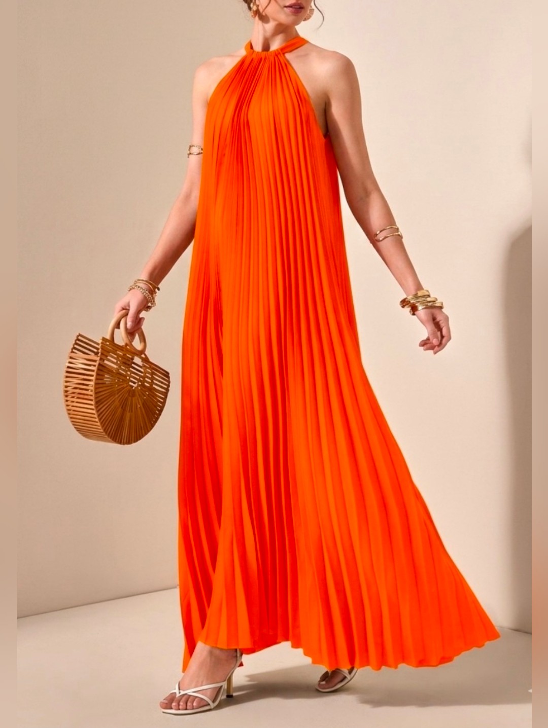 New Glam Halter Tie Pleated Maxi Dress Orange